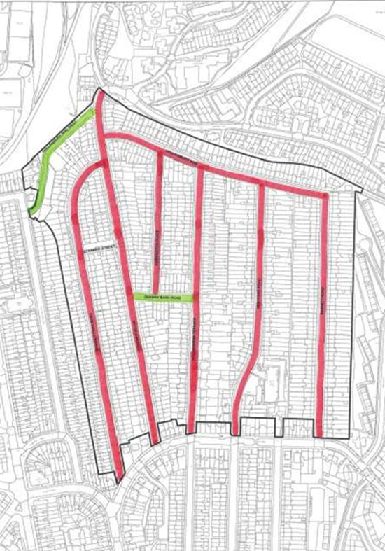 A map of the 2025 North Hollingdean parking consultation results showing almost every road is not in support (and therefore red).