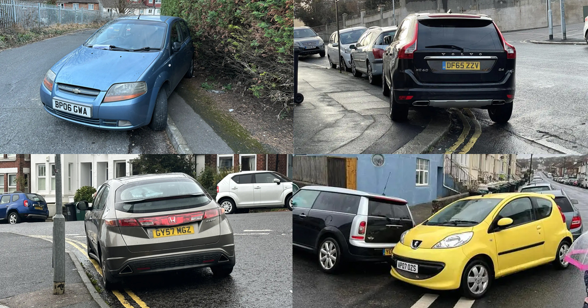 An image from hollingdeanparking.com showing a grid of images demonstrating parking problems in the area: a blue car BP06 GWA parking on the pavement and in a hedge, black Volvo DF65 ZZV blocking a pavement and junction at Adams Close, GY57 MGZ parked on the double-yellows at the top of Hollingbury Crescent, and AP07 OZS - a yellow Peugeot - parking blocking a pedestrian crossing.