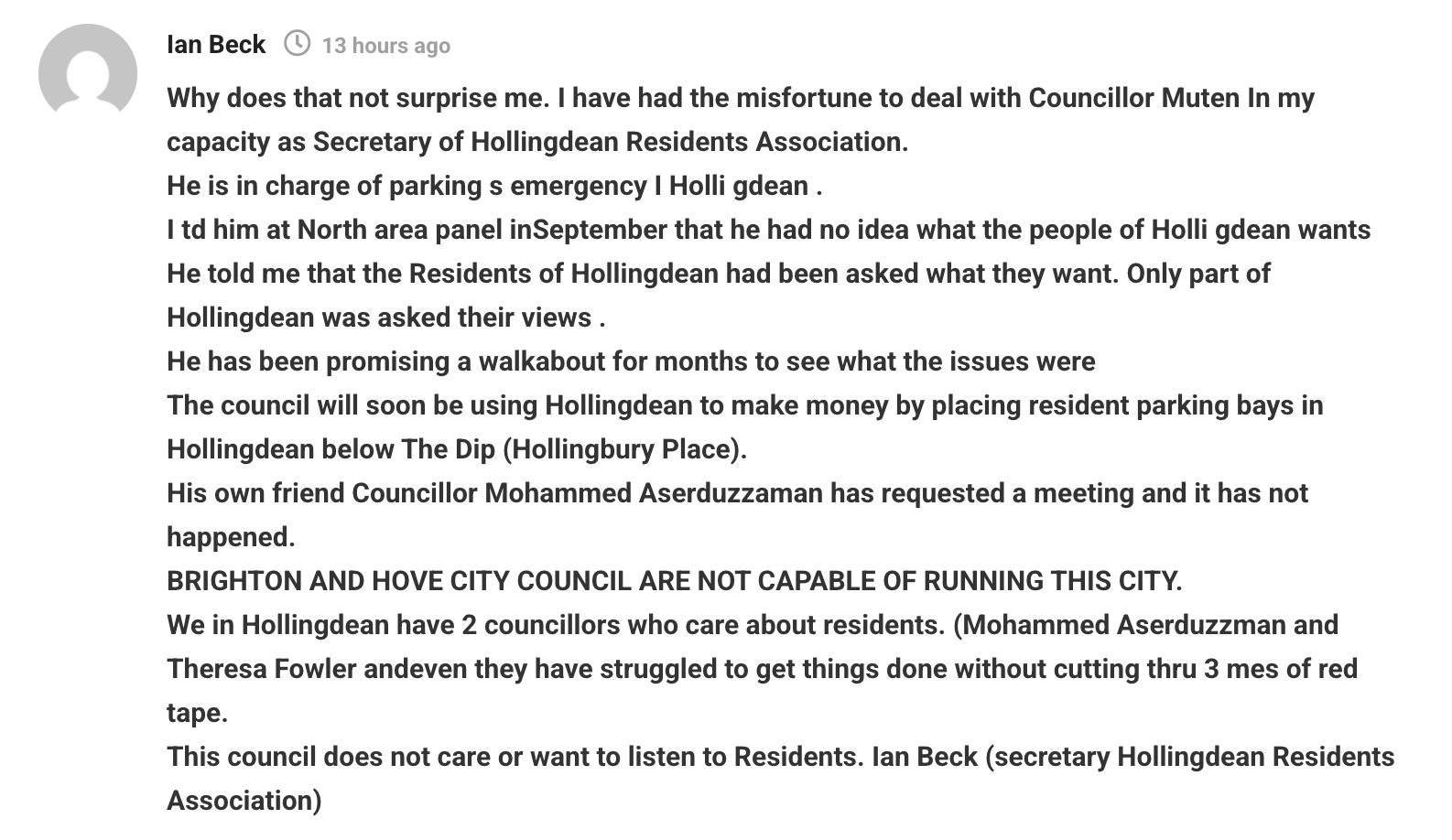 A screenshot of a comment by Ian Beck claiming residents weren’t consulted on parking, criticising councillors, and signing off as secretary of the Hollingdean Residents Association.